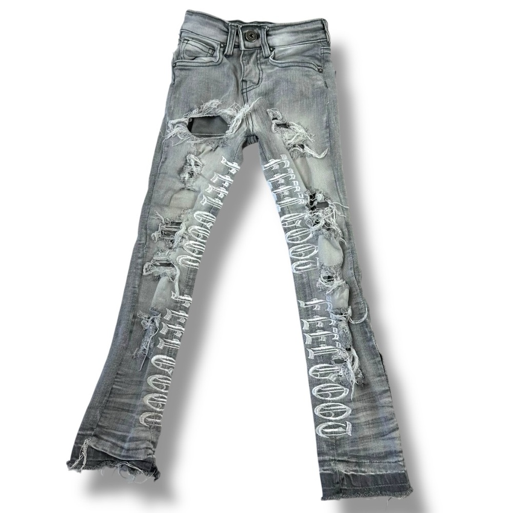 Focus Kids Size 2 Stacked Skinny Jean Gray Distressed Thrashed Skater Streetwear